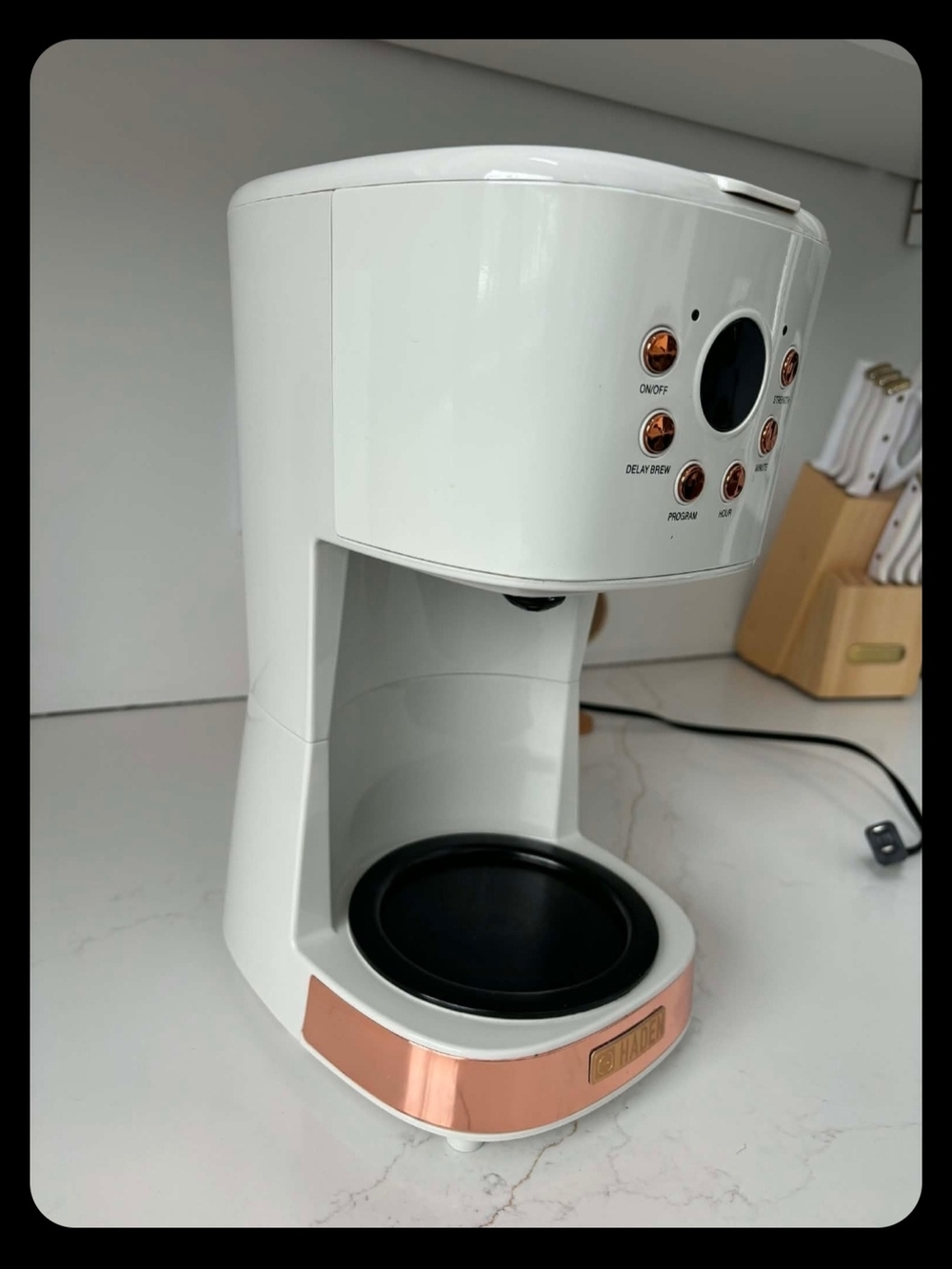 Hayden White Coffee Maker with Rose Gold Accents - Picture 4 of 4